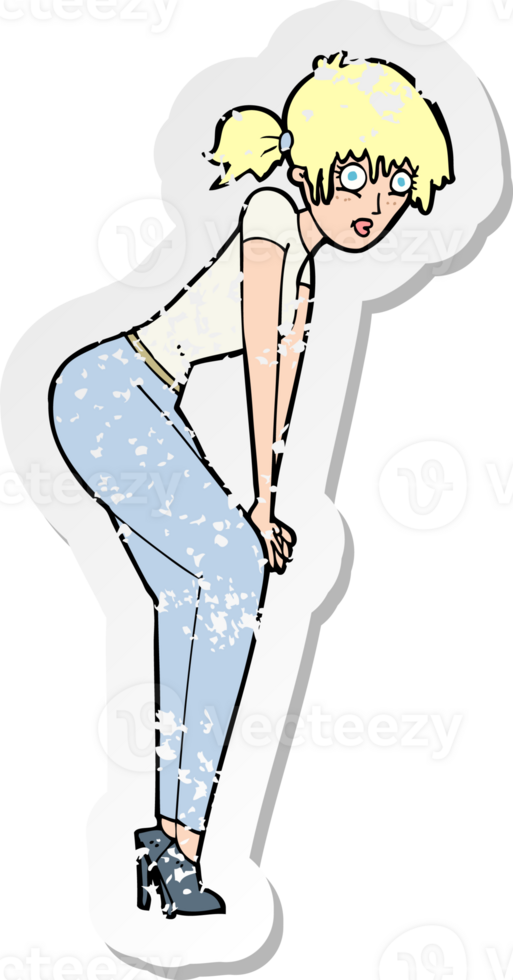 retro distressed sticker of a cartoon woman posing png