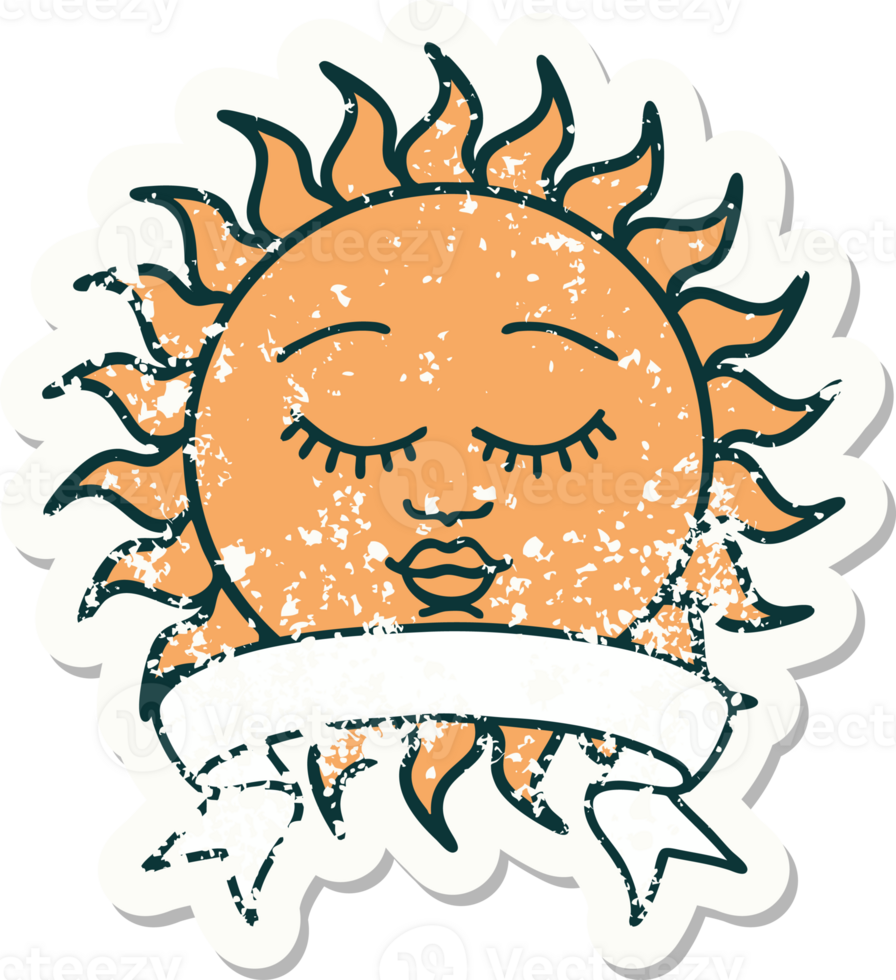 grunge sticker with banner of a sun with face png