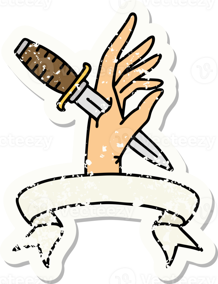 grunge sticker with banner of a dagger in the hand png