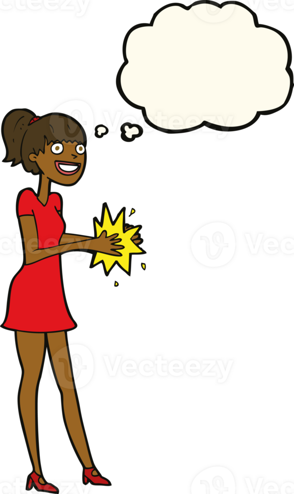cartoon woman clapping hands with thought bubble png