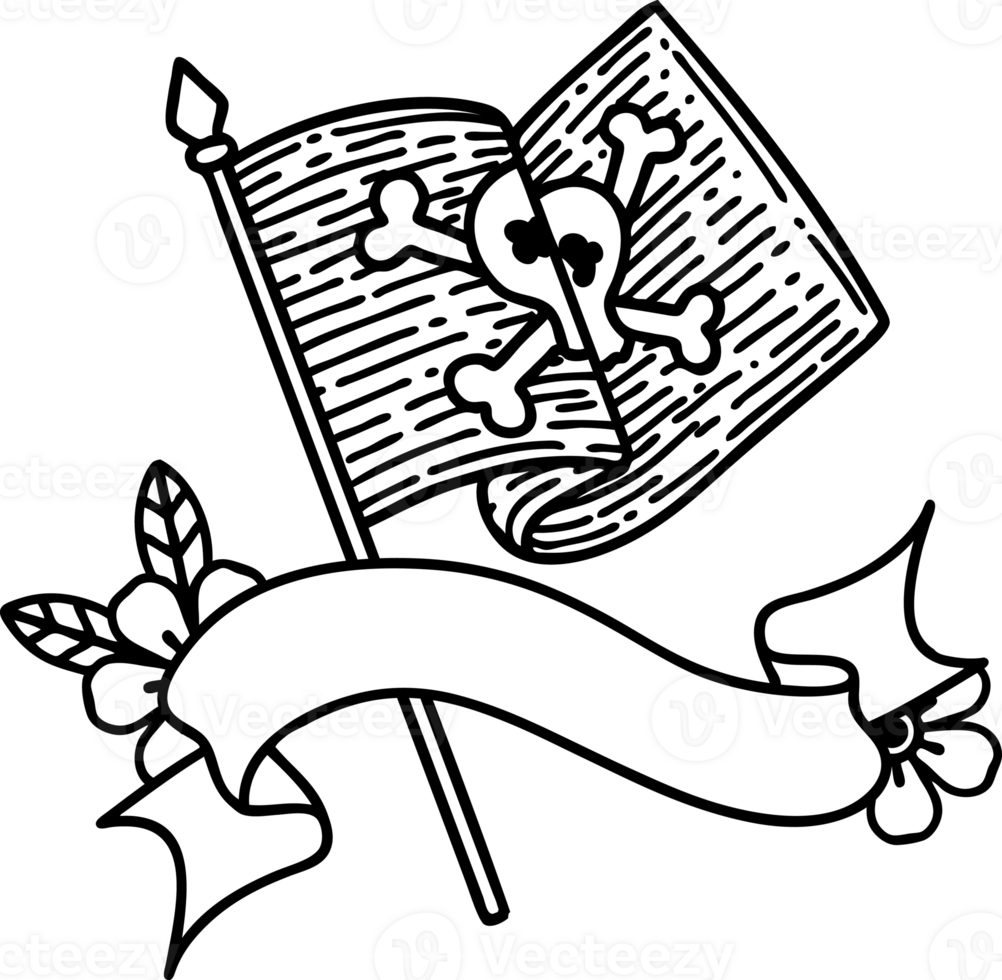 black linework tattoo with banner of a pirate flag png