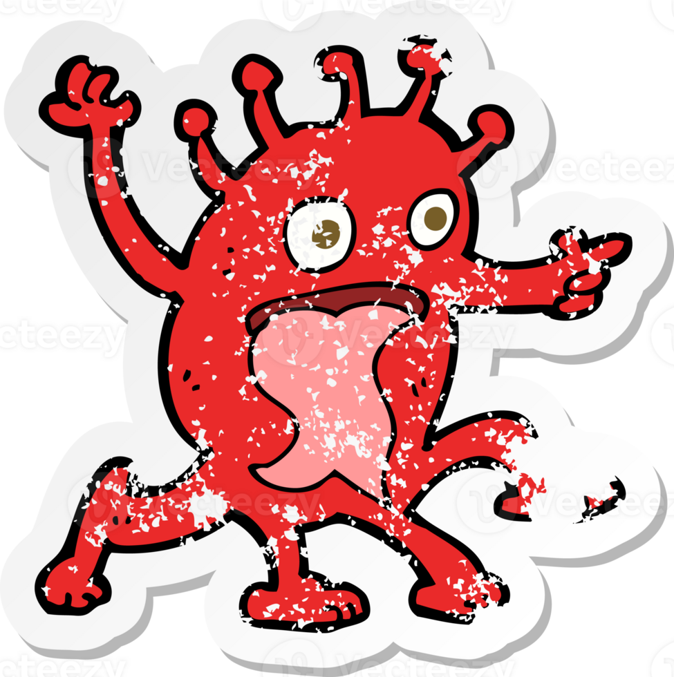 retro distressed sticker of a cartoon weird little alien png