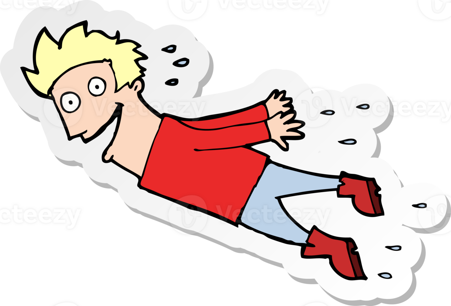sticker of a cartoon drenched man flying png