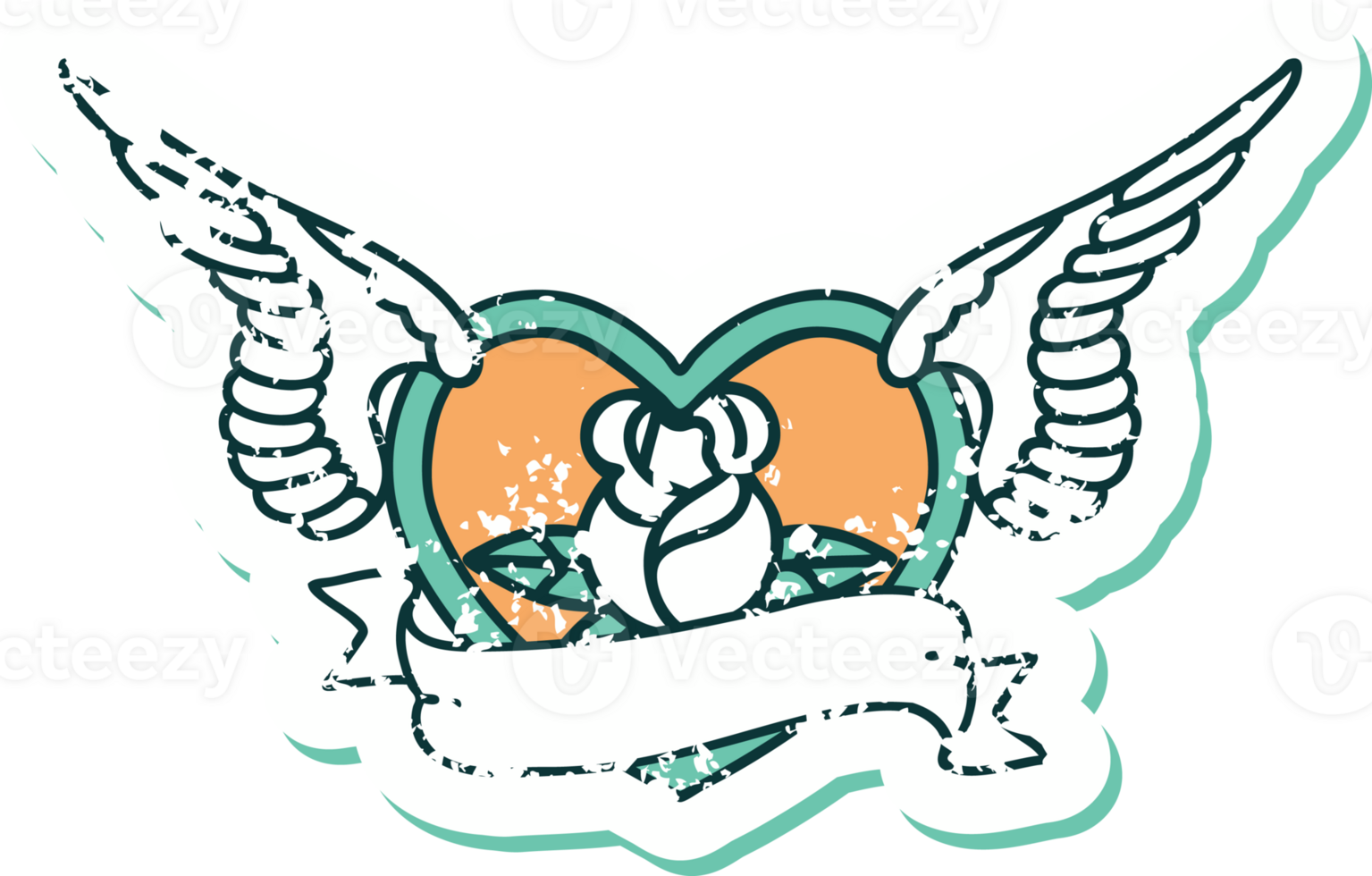 distressed sticker tattoo style icon of a flying heart with flowers and banner png