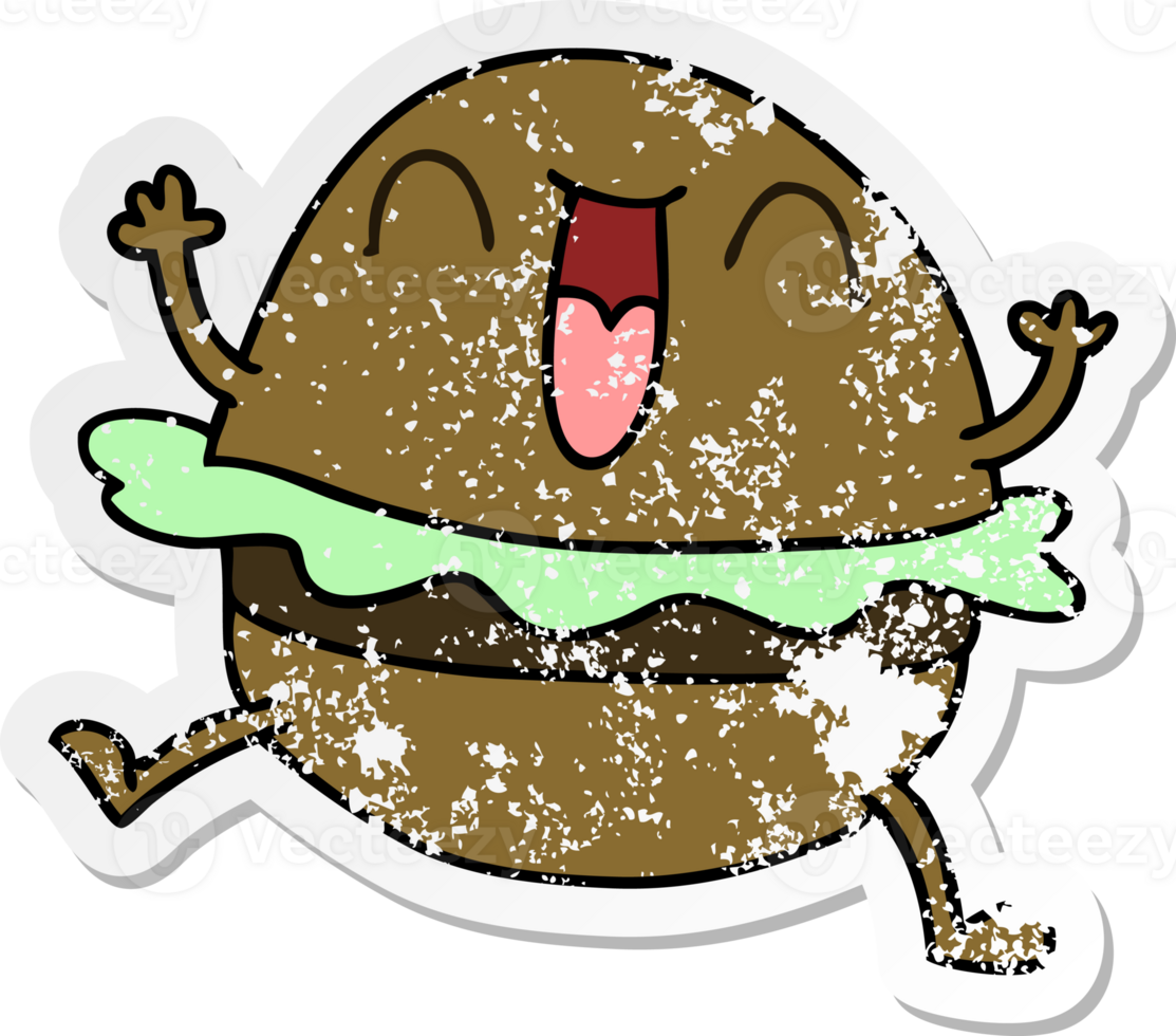 distressed sticker of a quirky hand drawn cartoon happy burger png