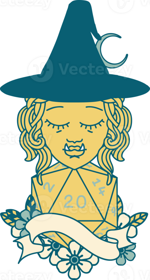 half orc witch character with natural twenty dice roll illustration png