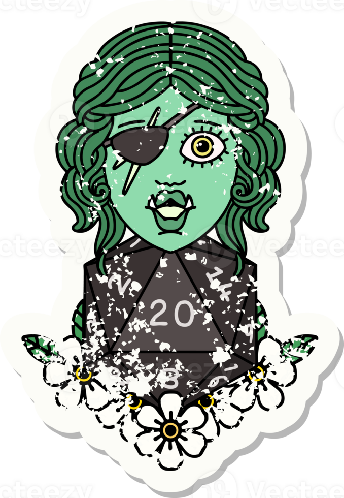 half orc rogue with natural twenty dice roll grunge sticker png
