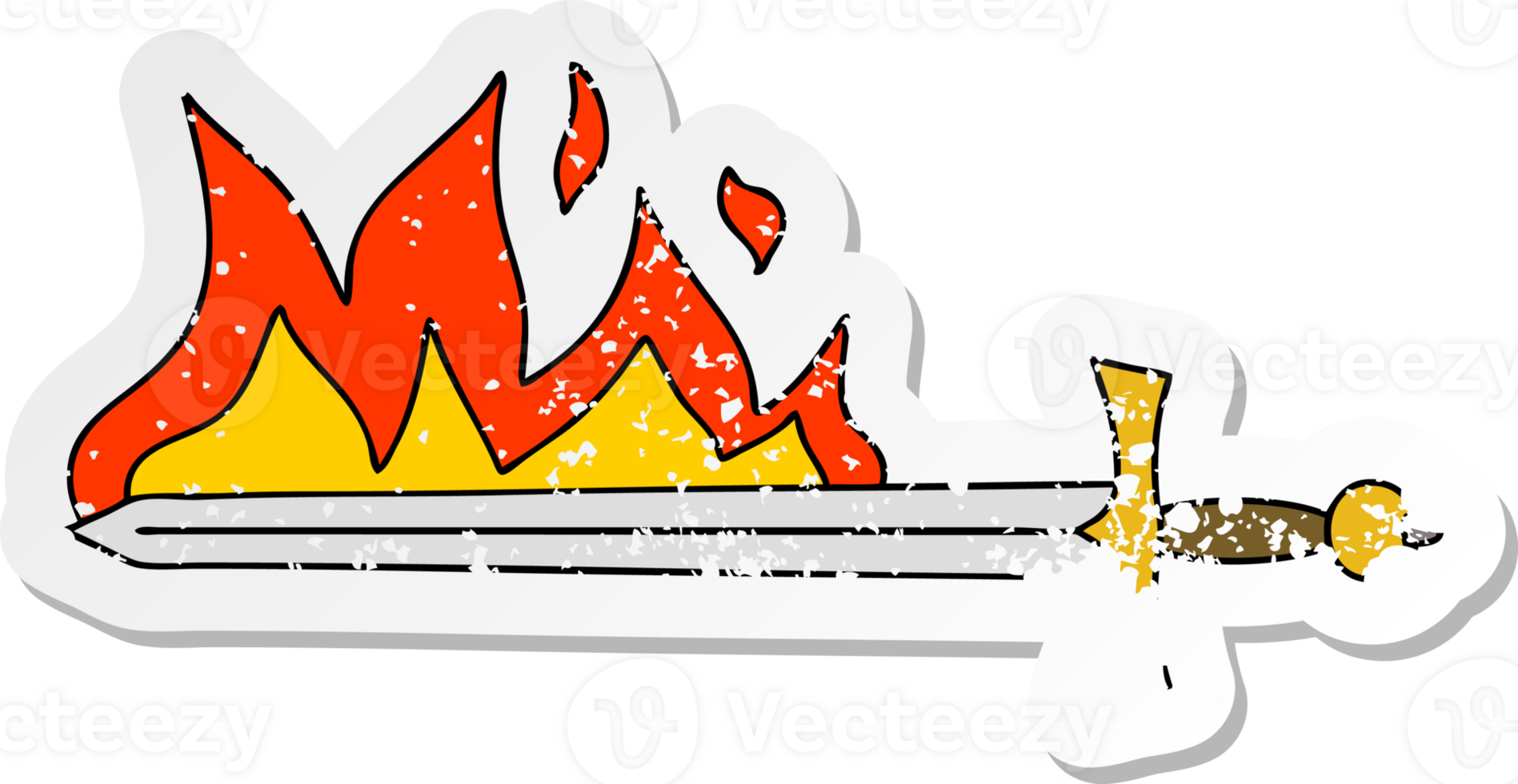 distressed sticker of a quirky hand drawn cartoon flaming sword png