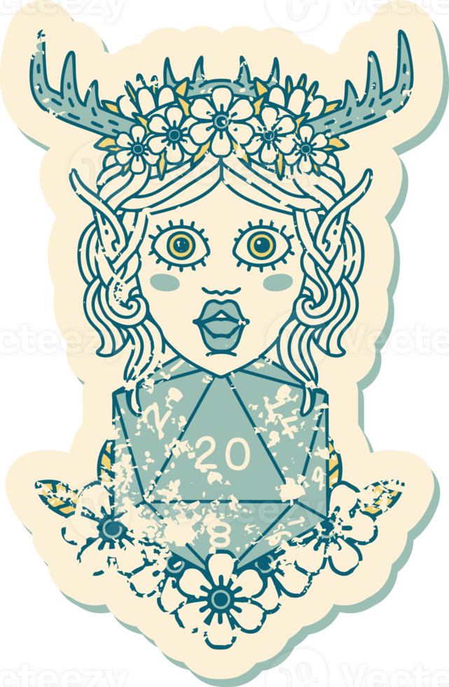 elf druid character with nautral twenty dice roll illustration png