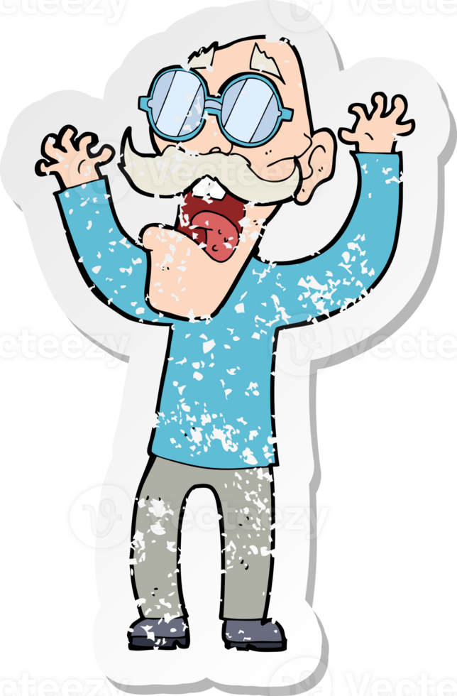 retro distressed sticker of a cartoon old man in glasses png