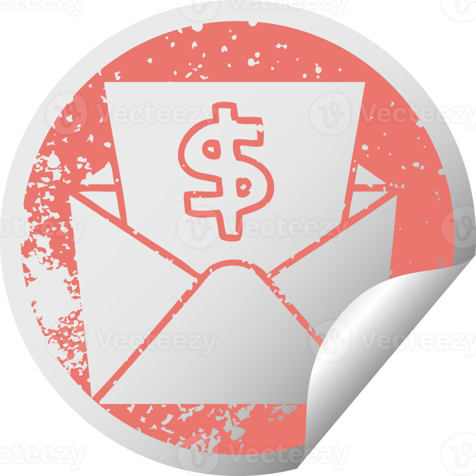 quirky distressed circular peeling sticker symbol dollar in envelope png