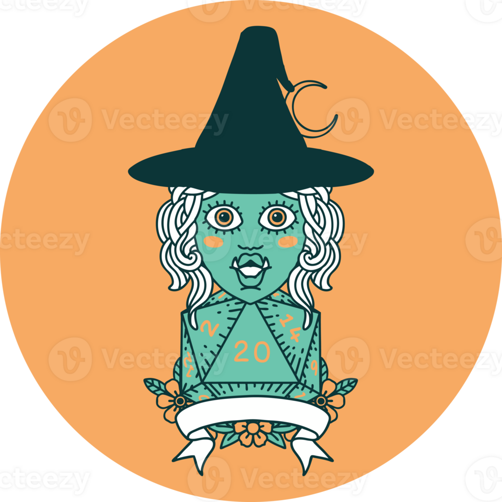 half orc witch character with natural 20 dice roll icon png