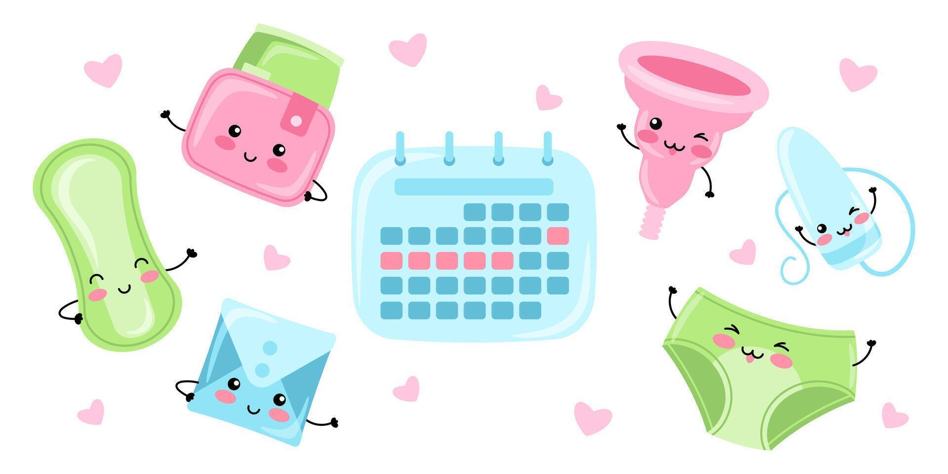 Set of different women's intimate hygiene items for menstrual period. Happy kawaii characters vector