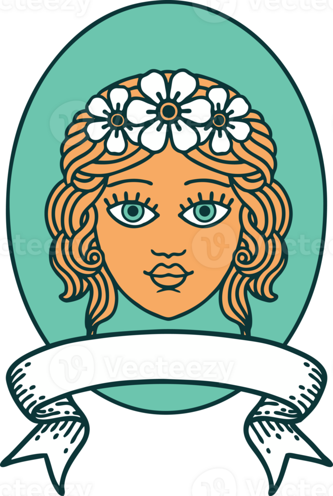 tattoo with banner of a maiden with crown of flowers png