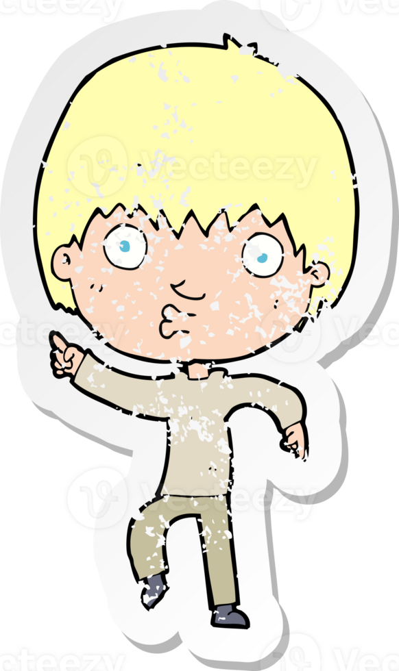 retro distressed sticker of a cartoon impressed boy pointing png