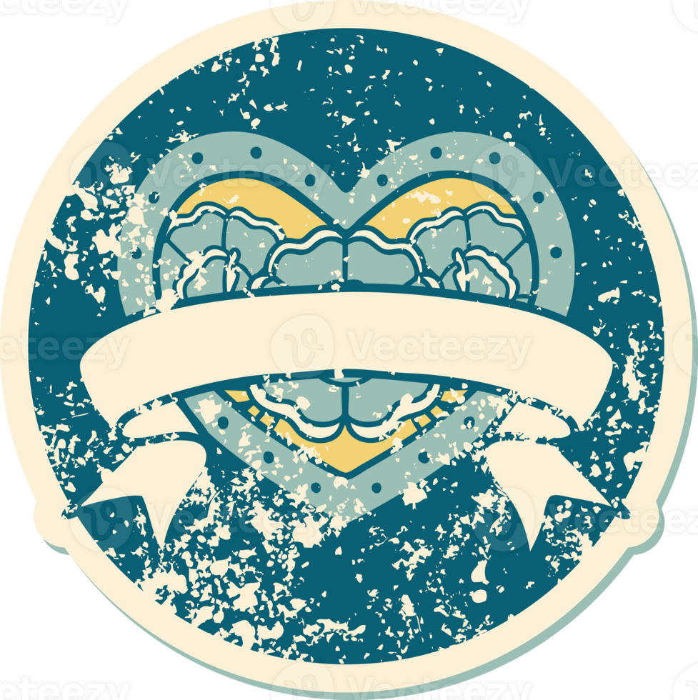 distressed sticker tattoo style icon of a heart and banner with flowers png