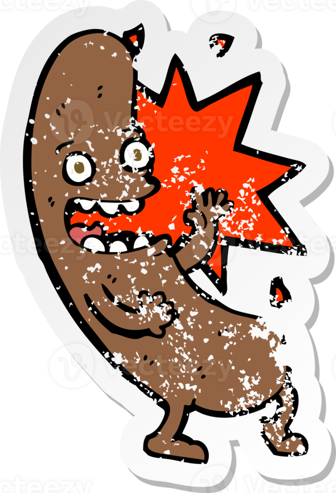 retro distressed sticker of a cartoon sausage png