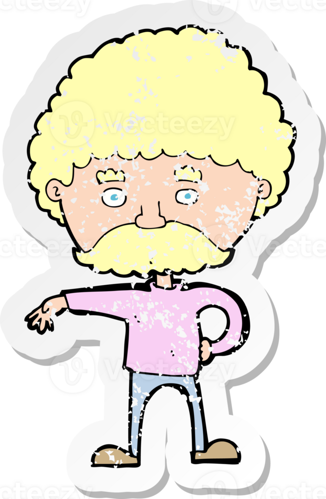 retro distressed sticker of a cartoon man with mustache making camp gesture png