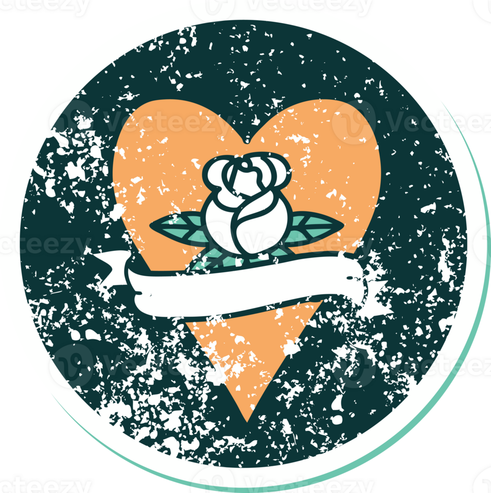 distressed sticker tattoo style icon of a heart rose and banner png