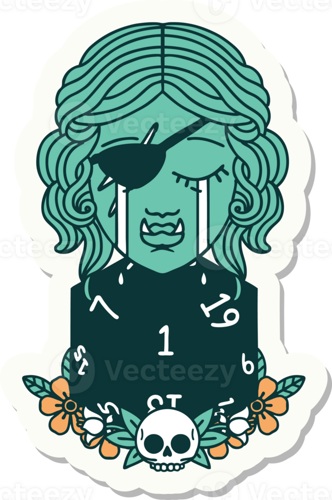 crying half orc rogue character with natural one D20 roll sticker png