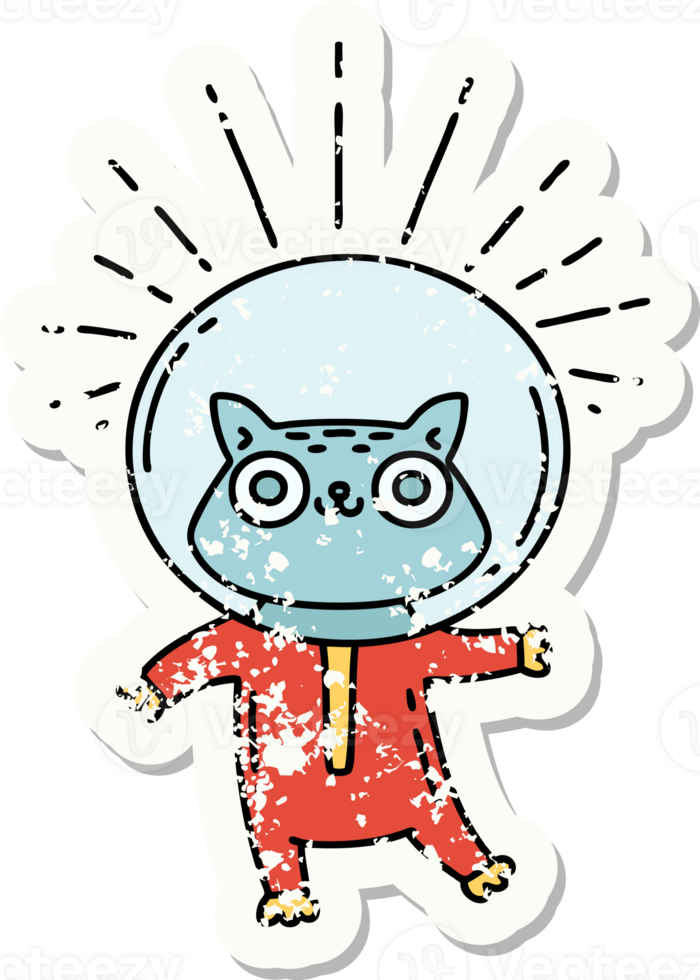 grunge sticker of tattoo style cat in astronaut suit png