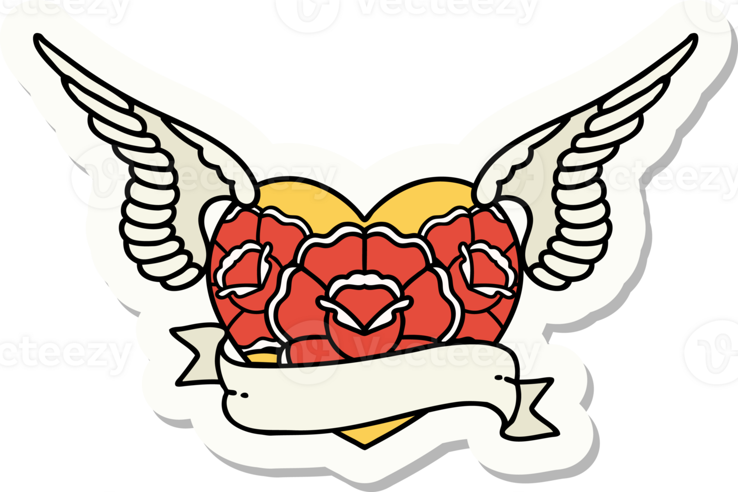tattoo style sticker of a flying heart with flowers and banner png