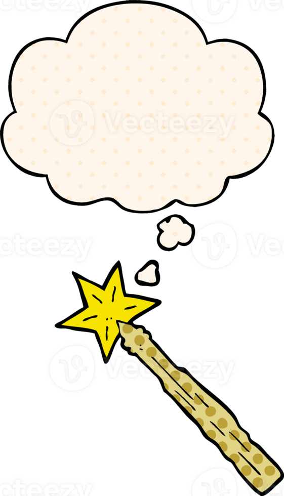 cartoon magic wand and thought bubble in comic book style png