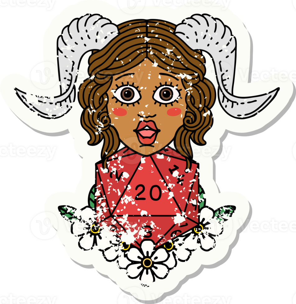 tiefling with natural twenty dice roll illustration png