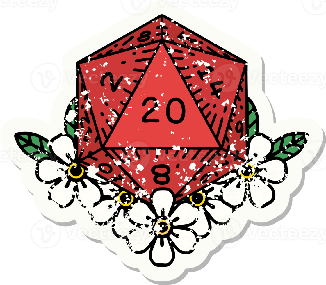 natural 20 D20 dice roll with floral elements grunge sticker png