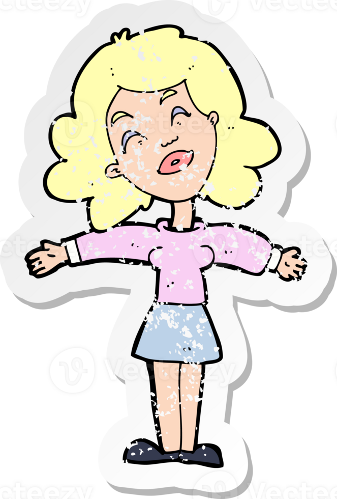 adesivo retrô angustiado de uma mulher de desenho animado com braços abertos png