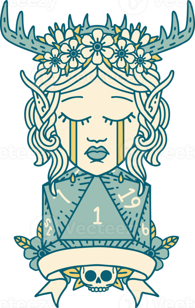 sad elf druid character face with natural one D20 roll illustration png