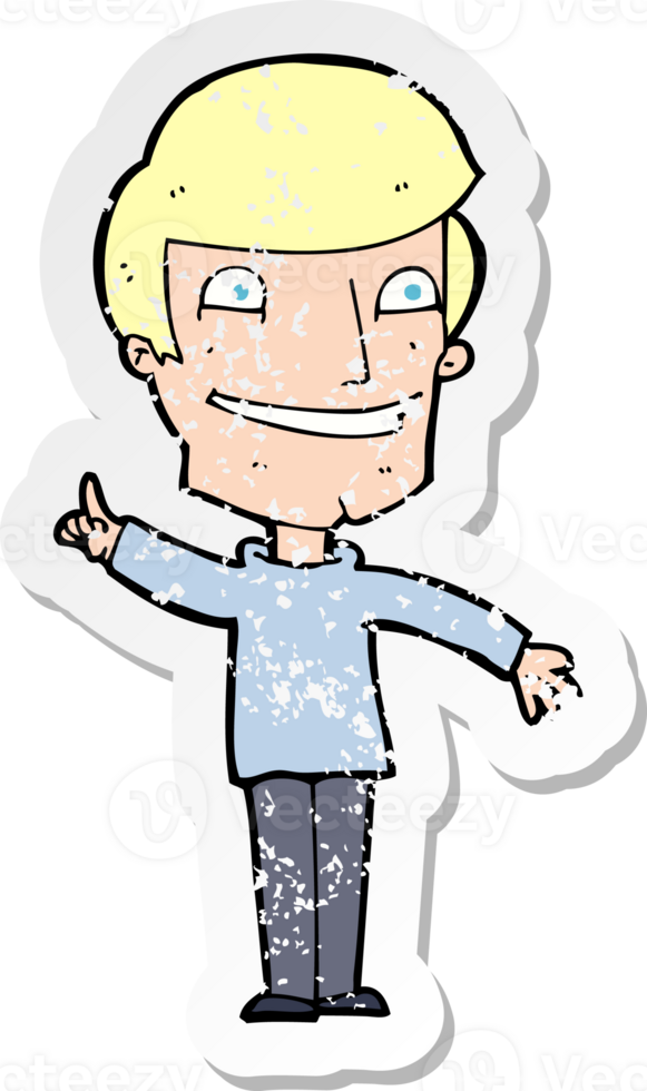 retro distressed sticker of a cartoon grinning man with idea png