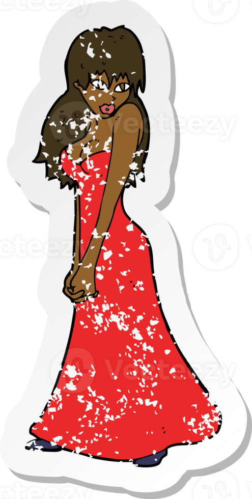retro distressed sticker of a cartoon pretty woman in dress png