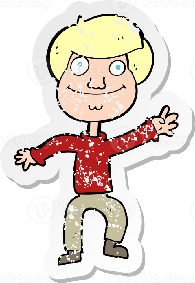 retro distressed sticker of a cartoon happy man waving png