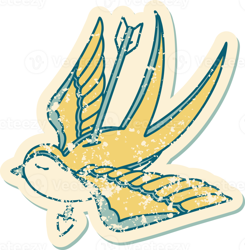 distressed sticker tattoo style icon of a swallow pieced by arrow png