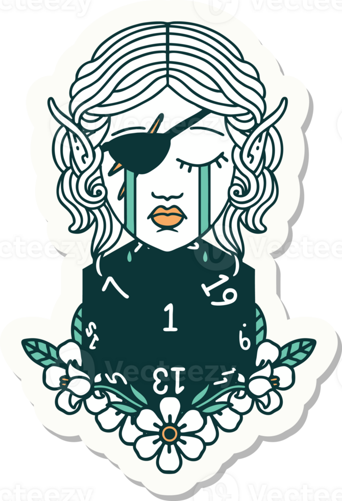 crying elf rogue character face with natural one D20 roll sticker png