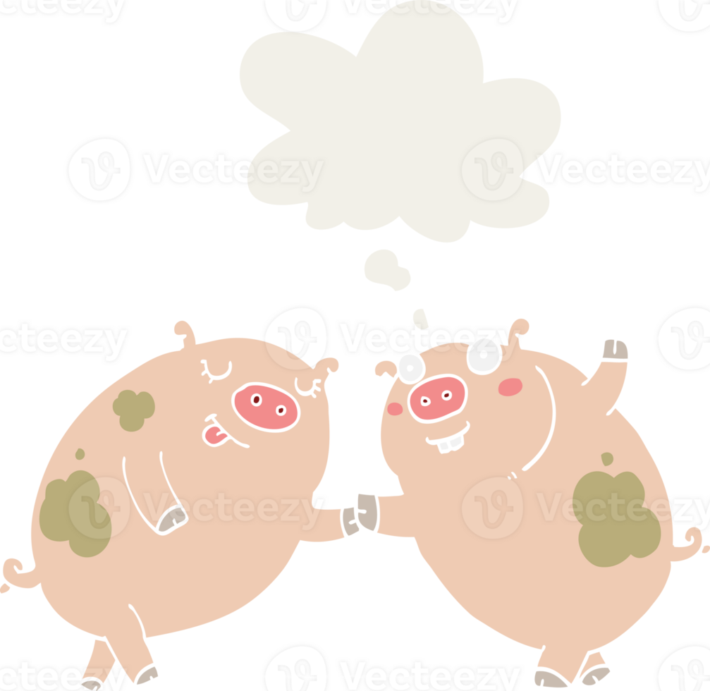 cartoon pigs dancing and thought bubble in retro style png