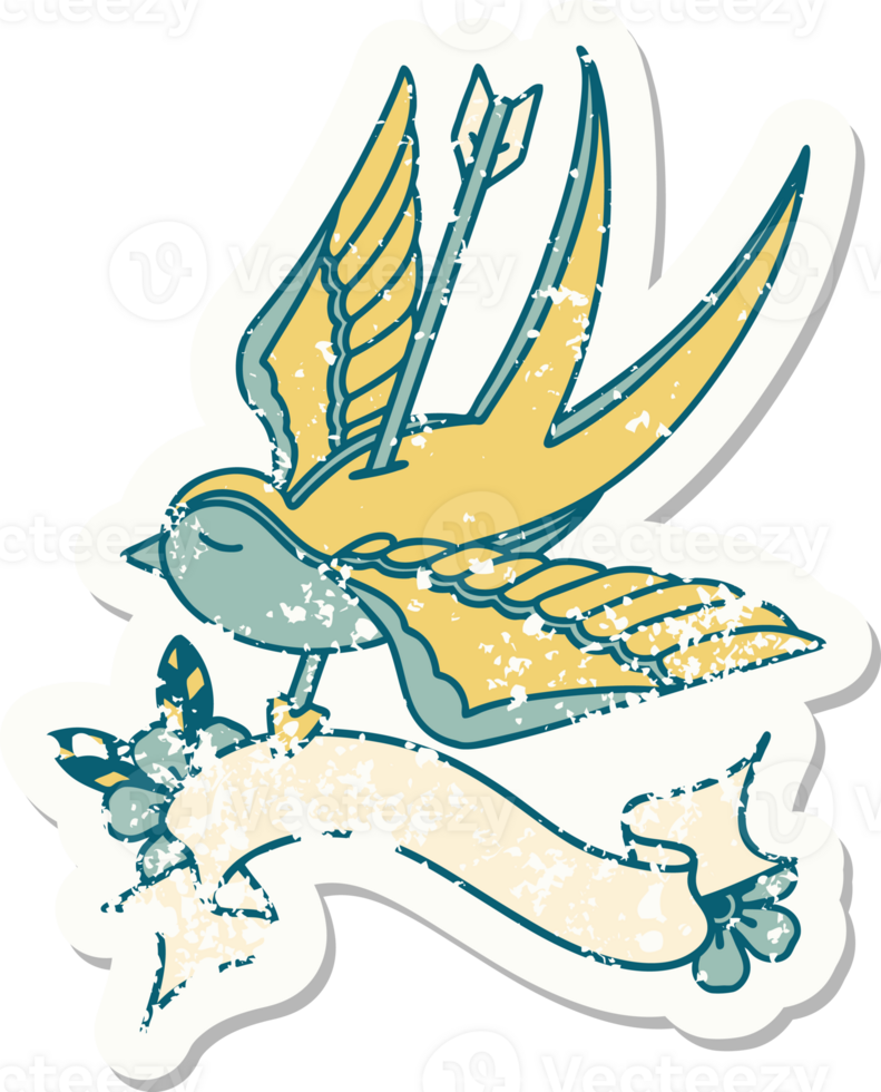 grunge sticker with banner of a swallow pieced by arrow png
