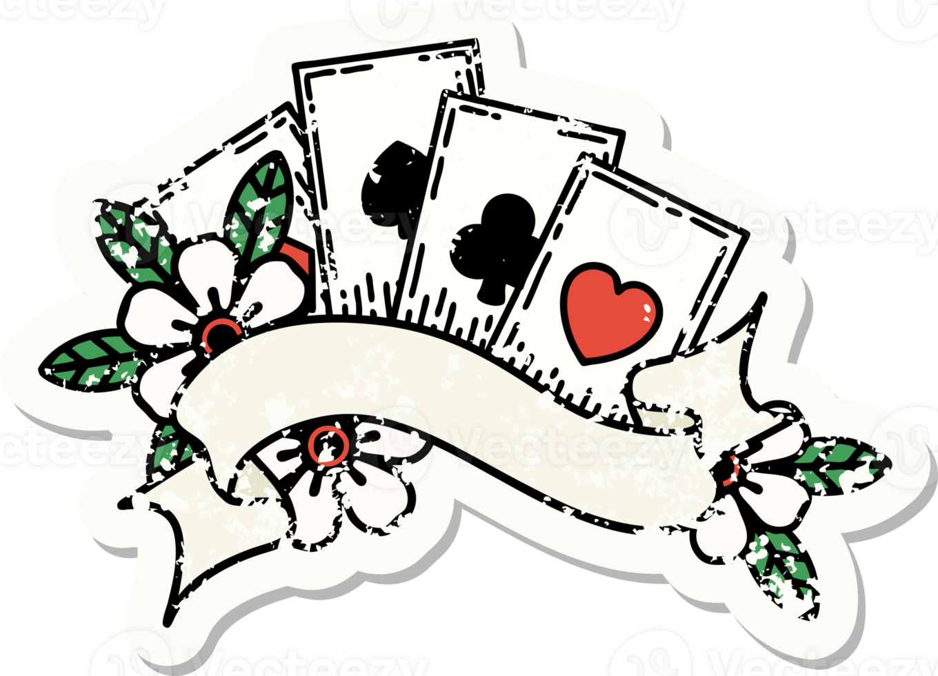 traditional distressed sticker tattoo of cards and banner png