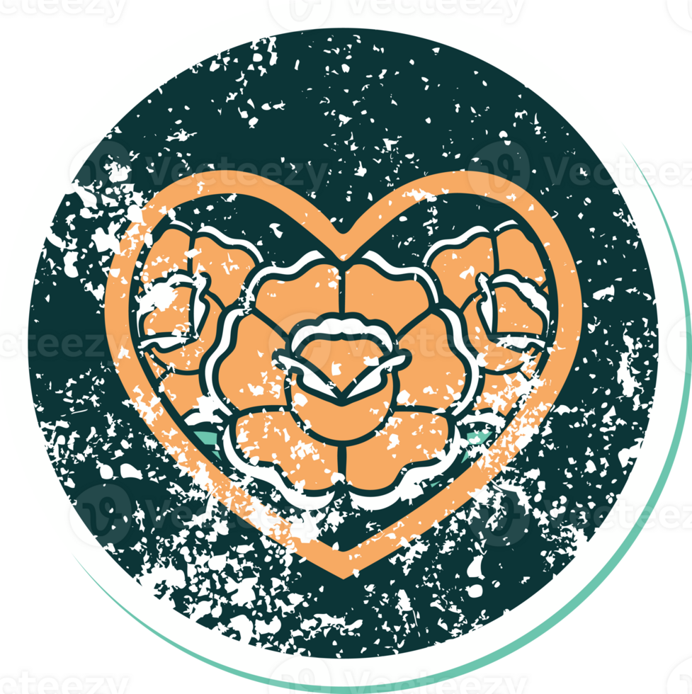 distressed sticker tattoo style icon of a heart and flowers png