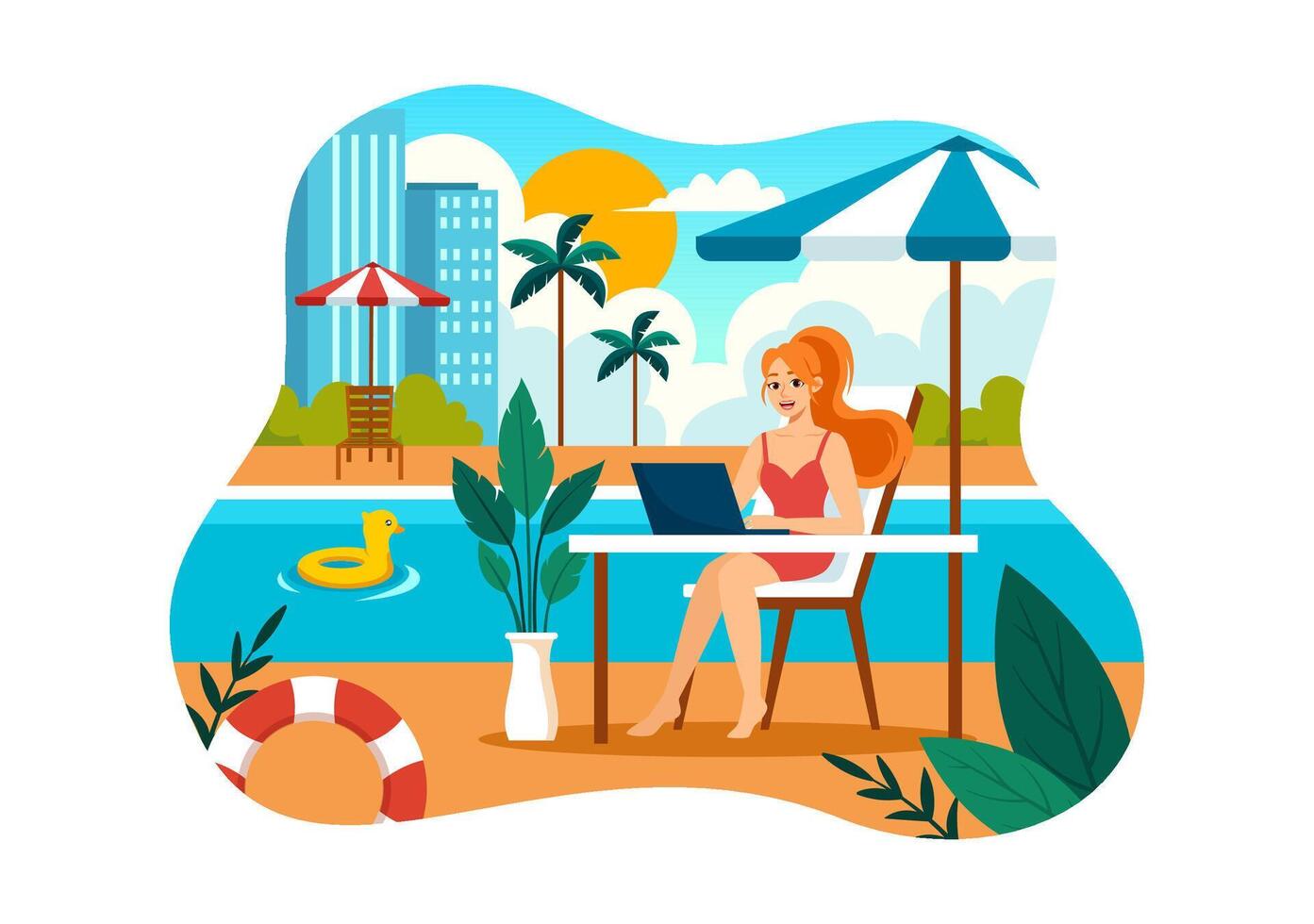 Lanza libre trabajadores relajante por el nadando piscina ilustración con Bebiendo cócteles y utilizando laptops en un plano dibujos animados estilo antecedentes vector