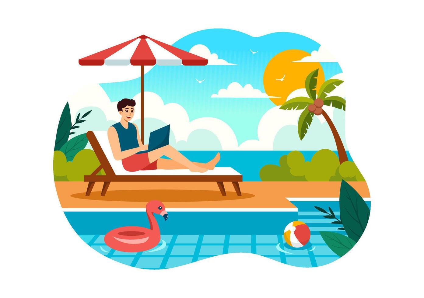 Freelance Workers Relaxing by the Swimming Pool Illustration with Drinking Cocktails and Using Laptops in a Flat Cartoon Style Background vector