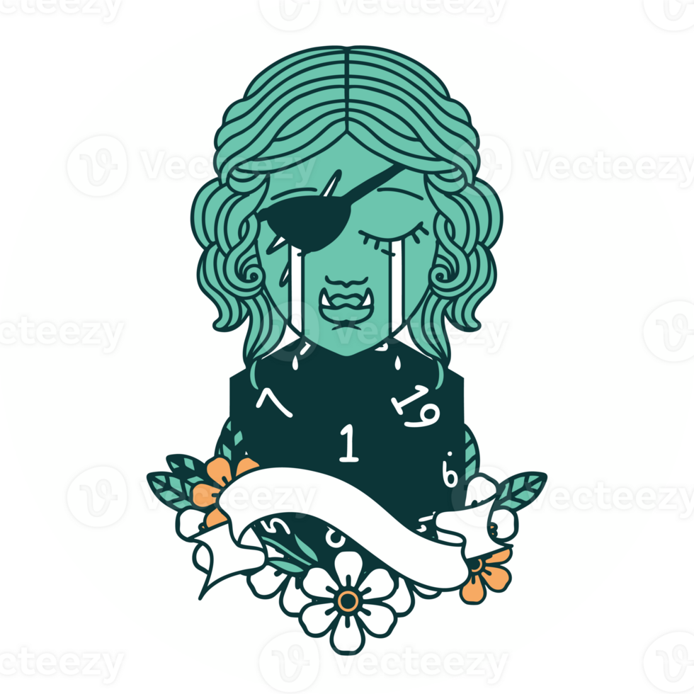 crying orc rogue character face with natural one d20 dice roll icon png