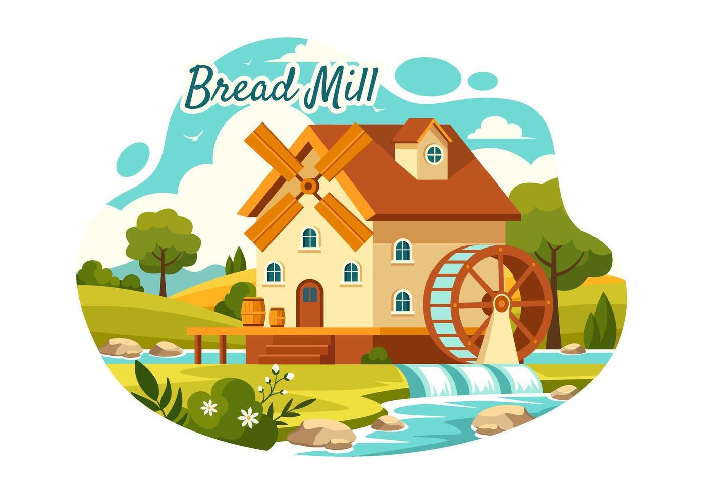 Bread Mill Illustration with Wheat Sacks, Various Breads and Windmill for Product Bakery in Flat Cartoon Background Design vector