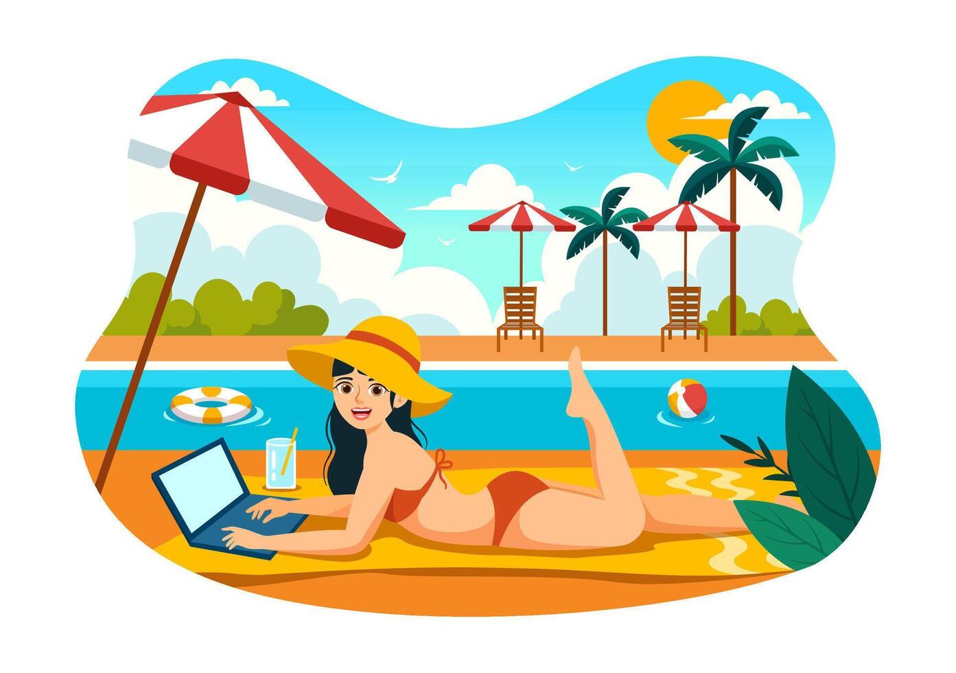 Lanza libre trabajadores relajante por el nadando piscina ilustración con Bebiendo cócteles y utilizando laptops en un plano dibujos animados estilo antecedentes vector