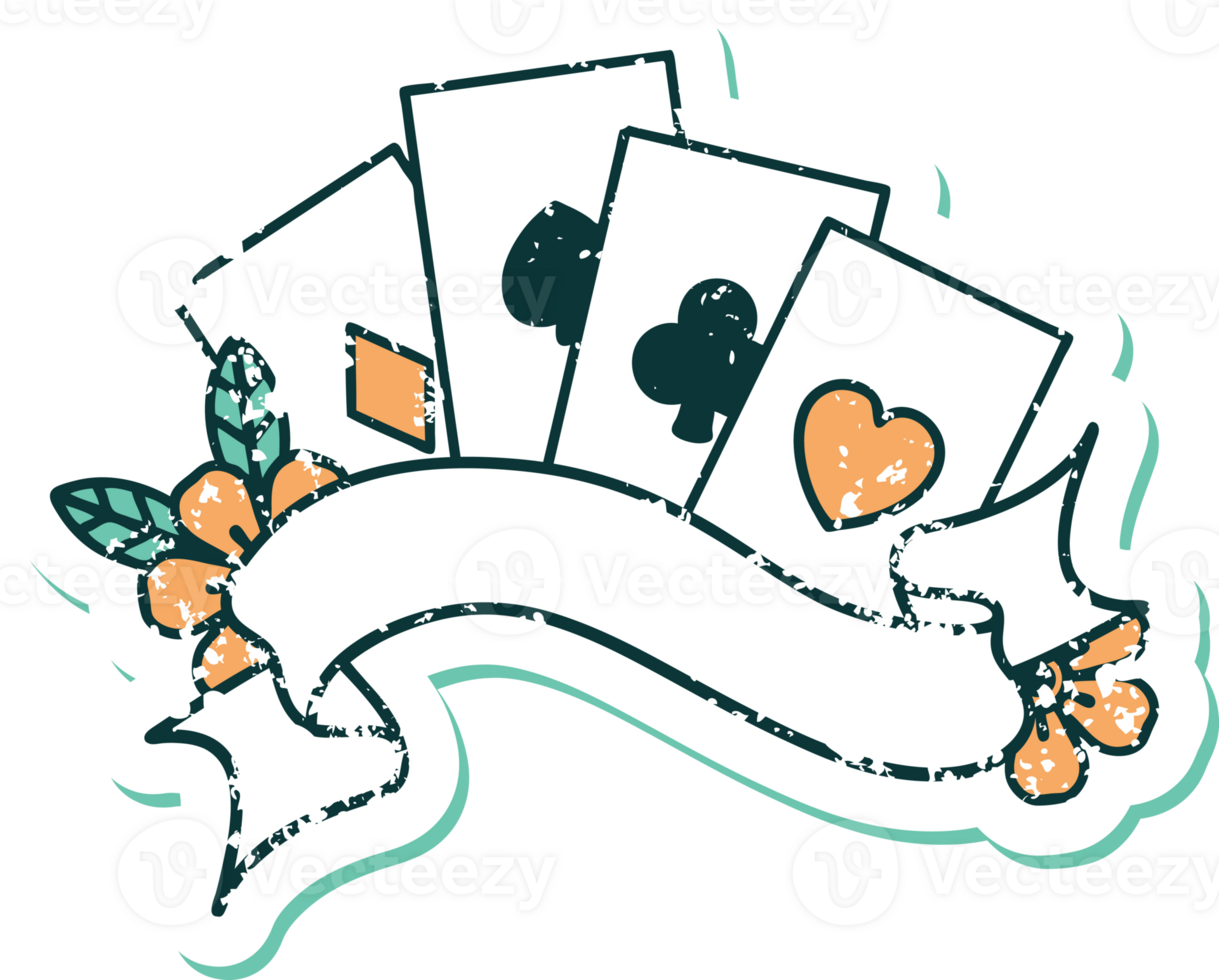 distressed sticker tattoo style icon of cards and banner with flowers png