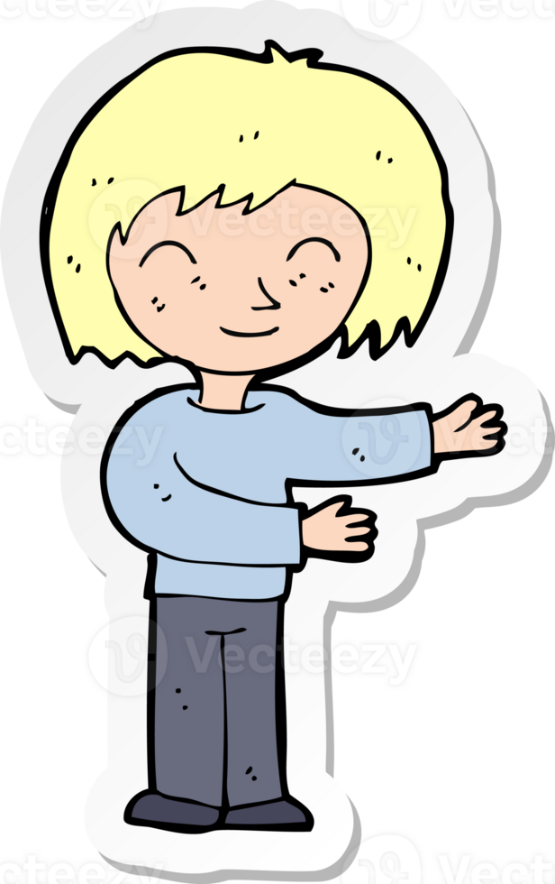 sticker of a cartoon woman gestureing welcome png