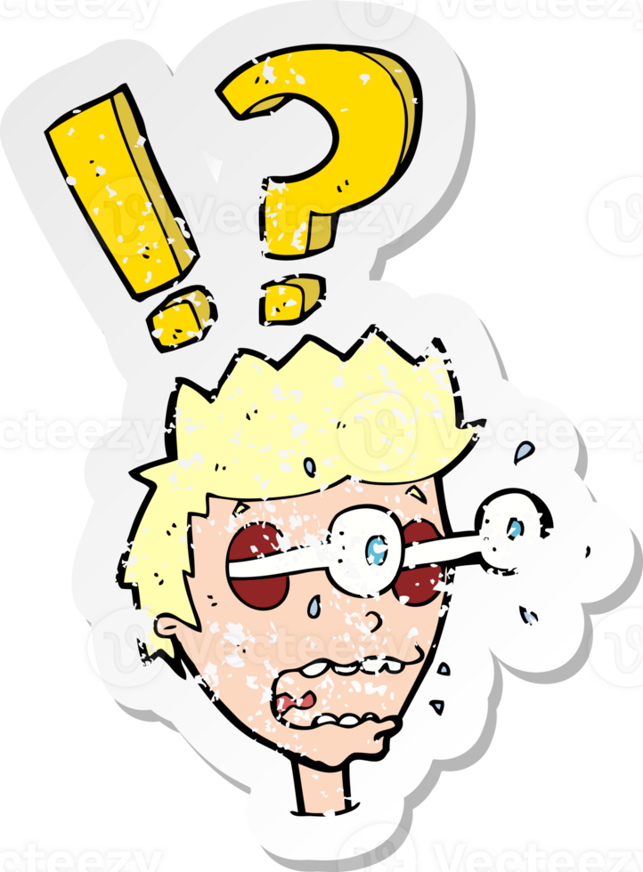 retro distressed sticker of a cartoon startled boy png