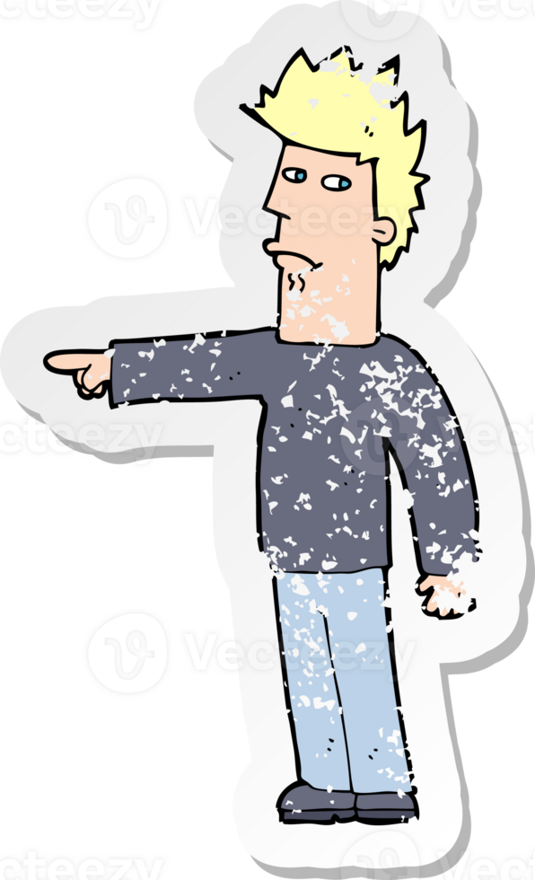 retro distressed sticker of a cartoon man pointing png