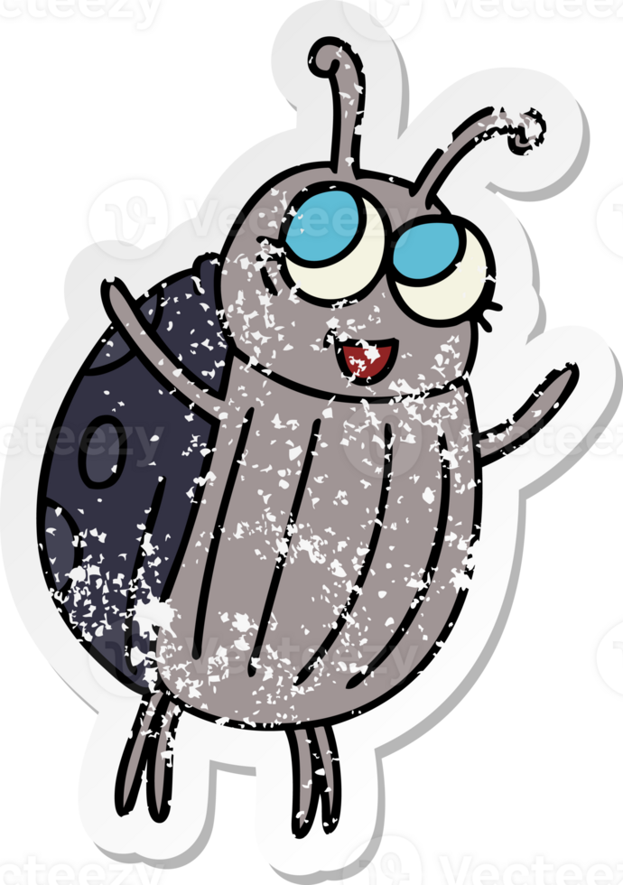 distressed sticker of a quirky hand drawn cartoon happy bug png